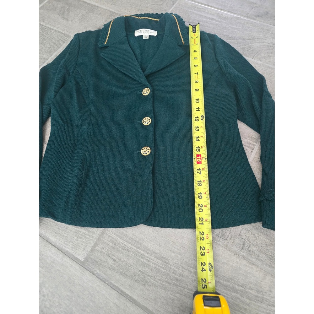 St. John Forest Emerald‎ Green Textured Knit Blazer Gold Size 8 Vintage - Picture 2 of 6